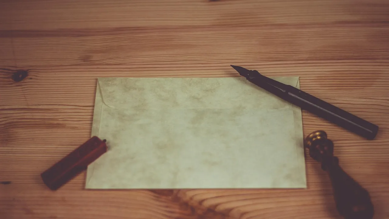 Une feuille de parchemin, une plume et un cachet posés sur une table